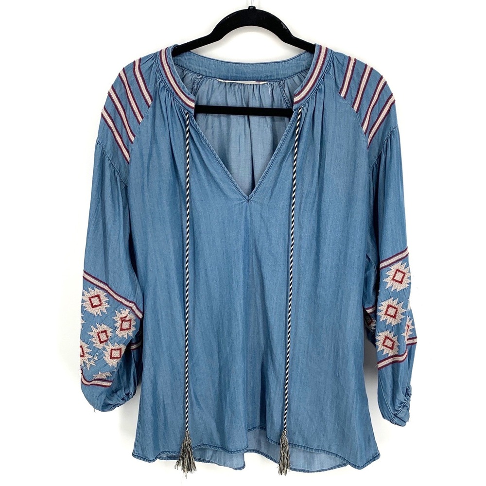 Given Kale Lyocell Chambray Embroidered Southwestern Tassel Tunic Small